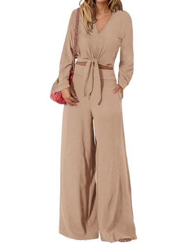 PRETTYGARDEN Women's 2 Piece Outfits 2026 Spring Fashion V Neck Long Sleeve Strappy Crop Top Wide Leg Pant Lounge Sets(Khaki,Small) - Image 1