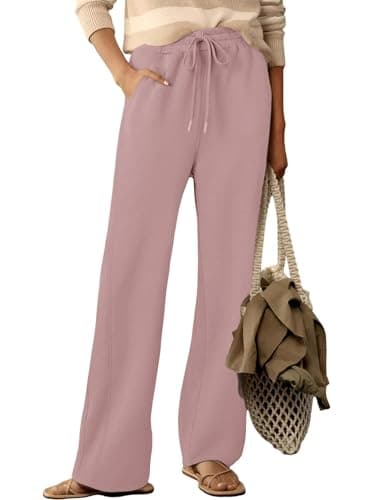Dokotoo Womens Pants Fall Business Casual Palazzo Pants for Women Elastic Waisted Loose Straight Leg Ladies Trendy Pants Dusty Pink - Image 1