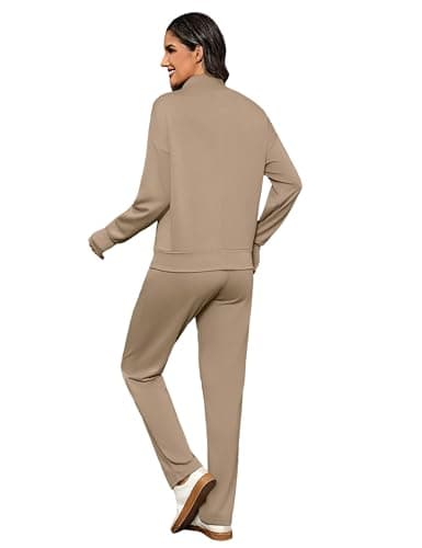 Totatuit Womens Casual Sweatsuit Two Piece Lounge Set Winter High Neck Pullover Long Sleeve Tracksuit Fall Outfits Warm Office Wear light Khaki M - Thumbnail 4