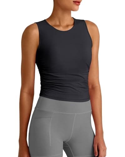 G4Free Women's Workout Tank Tops Ruched Side Athletic Tanks Stretch Fitness High Neck Top for Gym Running Yoga (Black,L) - Image 1