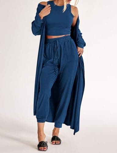 KIRUNDO 3 Piece Lounge Sets for Women Airport Travel Vacation Outfits Spring Cardigan Matching Sleeveless Top Jogger Pants(Dark Blue, Large) - Thumbnail 3