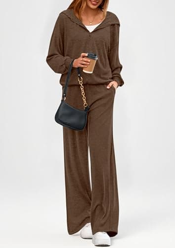 PRETTYGARDEN Women's 2 Piece Fall Lounge Sets 2026 Zip Up Hoodie Wide Leg Tracksuit Spring Matching Travel Outfits Clothes (Coffee,X-Large) - Thumbnail 5