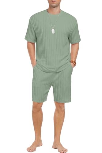 PrinStory Mens Pajamas Set Short Sleeve Crew Neck Pajama for Men 2 Piece Pjs Sets Lounge Set with Pockets Gray Green-2XL - Thumbnail 4