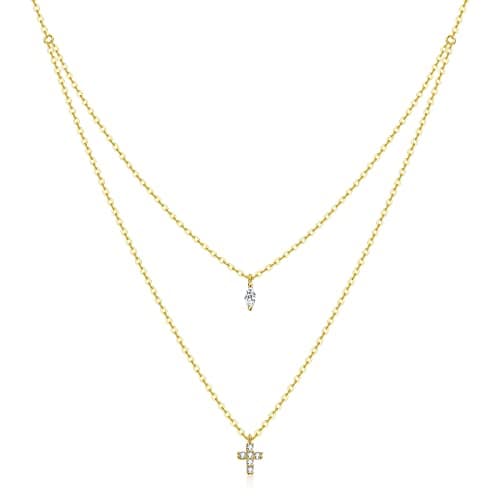 capirosa S925 Sterling Sliver Cross Dainty Layered Necklaces for Women 18K Yellow Gold Plated Adjustable Tiny Chain Necklace Mother's Day Anniversary Birthday Jewelry Gifts for Women - Image 1