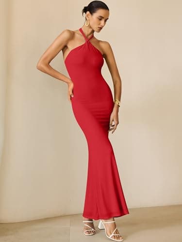 Prinbara Womens Halter Neck Bodycon Maxi Dresses 2026 Summer Mesh Backless Elegant Formal Wedding Guest Party Club Long Dress Red Medium - Thumbnail 3