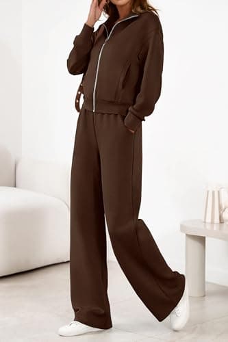 PRETTYGARDEN Womens 2 Piece Outfits Spring Sweatsuits Zip Up Sweatshirt Wide Leg Sweatpants Casual Tracksuit Lounge Sets(Brown,Large) - Thumbnail 6