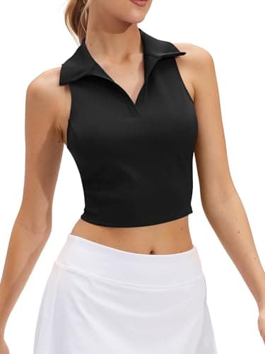 Stelle Women Sleeveless Golf Polo Shirt UPF50+ V Neck Collared Tennis Shirts Quick Dry Athletic Workout Cropped Tank Tops Black X-Small - Image 1