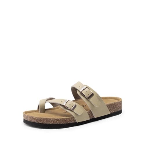 DREAM PAIRS Women's Comfortable Cork Sandals Suede Leather Insole Slides Arch Support Walking Sandals,Size 8,Beige,SDSS26005W - Image 1