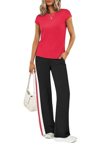 Casly Lamiit Sweatsuit for Women Summer Business Trendy Casual Workout Sets Crew Neck Tops and Wide Leg Pants Cruise Outfit Jogger Active Lounge Sets Red XL - Thumbnail 2