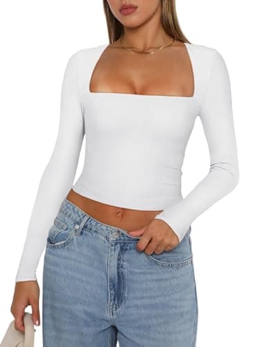 REORIA Women's Fall Sexy Casual Square Neck Long Sleeve Fashion Cropped T Shirts Slim Fitted Basic Y2K Going Out Crop Top Plus Size White XX-Large - Image 1