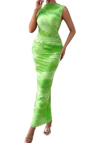 PRETTYGARDEN Summer Dresses for Women 2026 Sleeveless Bodycon Maxi Spring Mock Neck Tie Dye Mesh Cocktail Going Out Dress (Green Floral,Medium) - Image 1