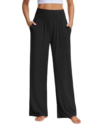 Stelle Women's Wide Leg Yoga Pants with Pockets High Waist Loose Sweatpants Comfy Casual Lounge Pants Black 28" Inseam Small - Image 1