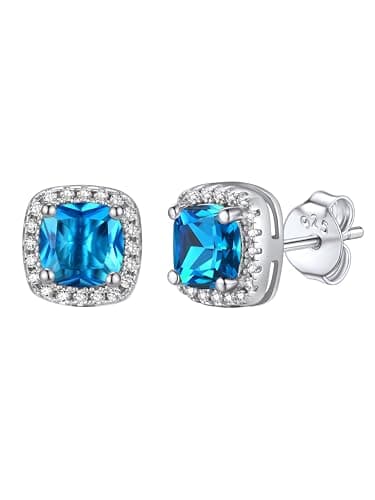Bestyle Blue Topaz CZ Stud Earrings,Birthstone Earrings Stud for Women Sterling Silver Square Cubic Zirconia Stud Earrings Hypoallergenic Silver Earrings for Women - Image 1
