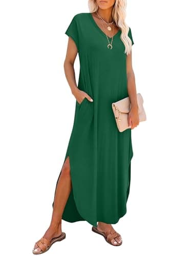 RUMIA Summer Casual Maxi Dresses for Women- Women's V Neck Cap Sleeve Long Sundress with Pockets Beach Vacation Dark Green - Image 1