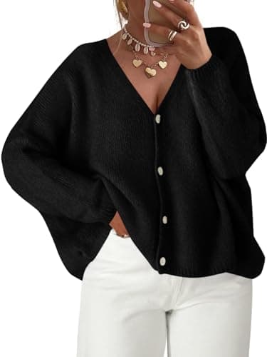 Saodimallsu Womens Oversized Cardigan Sweaters Open Front Button Down V Neck Sweater 2025 Winter Knit Outwear Black - Image 1