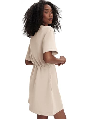 COCOMARTS Dresses for Women Summer Short Sleeve Crew Neck Sweatshirt Dress Drawstring Waist Tunic Tops Mini Vacation Sundress Apricot Small - Thumbnail 3