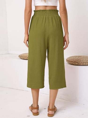 Moodclo Capri Pants for Women Army Green Medium High Waisted Wide Leg Casual Lounge Pant Summer Adjustable Knot with Pockets - Thumbnail 4