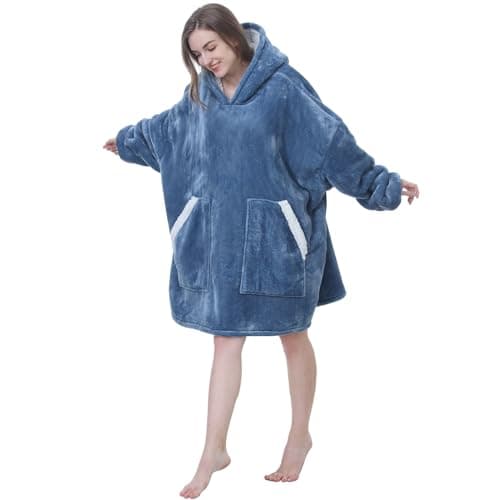 Kipswiza Oversized Wearable Blanket Hoodie, Cozy Sherpa Hooded Blankets Sweatshirt for Women Men Mom Daughter with Big Pockets as Gifts - Denim Blue - Thumbnail 2