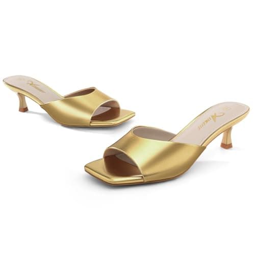Athlefit Gold Kitten Heels for Women Square Open Toe Low Heels Slip On Comfortable Dress Heeled Sandals Party Shoes Size 6.5 - Thumbnail 6