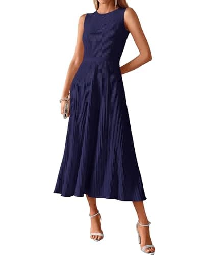 BTFBM Women Tank Midi Dress Summer Crewneck Sleeveless Pleated A Line Business Casual Formal Sweater Spring Dresses 2026(Navy, X-Large) - Image 1