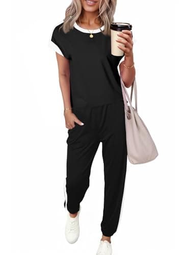 Dokotoo 2 Piece Sets for Women Summer Outfits Sweatsuit Colorblock Comfy Lounge Sets Short Sleeve Jogger Matching Sets Women Clothing Pajama Sets Womens Fashion - Image 1