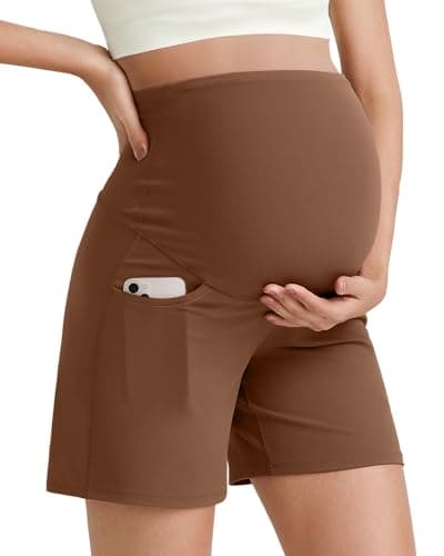 G4Free Maternity Summer Clothes Workout Shorts with Pockets Stretchy Comfy Pregnancy Yoga Short Active Wear(Dark Coffee,M) - Image 1