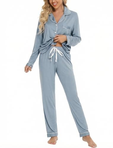 Leikar Button Up Pajamas for Women Long Sleeve Mist Blue Pjs Set Soft Dusty Blue Sleepwear Maternity Lounge Set - Image 1