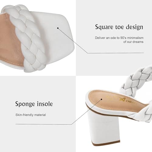 Athlefit White Braided Heeled Sandals for Women Fashion Square Open Toe Comfortable Slip on Block Heels Size 7 - Thumbnail 5