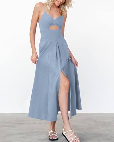 BTFBM Women 2026 Spaghetti Strap Midi Summer Dresses Sleeveless V Neck Cutout Slit Casual Beach Party Maxi Dress Pockets(Grey Blue, XX-Large) - Thumbnail 4