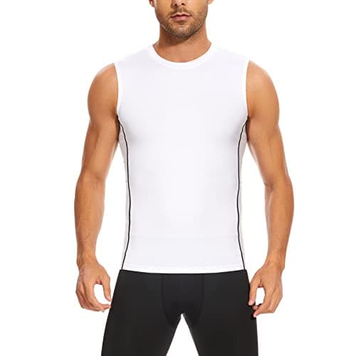 AMZSPORT Men's 3 Pack Compression Tank Top, Sleeveless Base Layer Workout Undershirt, Moisture Wicking Athletic Gym Vest, White XXL - Thumbnail 2
