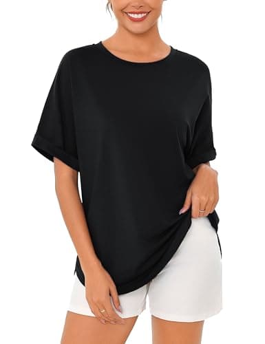 Totatuit Women's Casual Oversized T-Shirts Summer Crewneck Short Sleeve Workout Basic Tee Tops Maternity Shirts Plus Size Black X-Large - Image 1