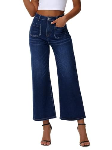Genleck Women's Wide Leg Jeans – Cropped High Waisted Trendy Front Pockets Jeans Stretchy Capri Baggy Cute Denim Pants 2025 Midnight Blue - Image 1