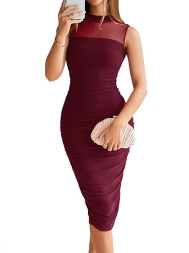 BerryGo Women's Mesh Ruched Bodycon Midi Dress Sexy Mock Neck Sleeveless Elegant Evening Party Cocktail Dresses 2026 Summer Wine Red M - Image 1