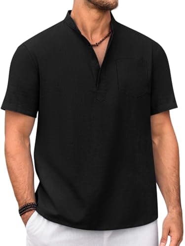 Beotyshow Men Casual Henley Tops Basic Short Sleeve Summer Shirts V Neck Button Down Shirt Black XXL - Image 1