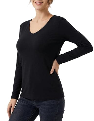 GAMISS Women's Shirt Long Sleeve Tee Basic Solid Color Top V Neck High Stretch Layering Shirt Black S - Image 1
