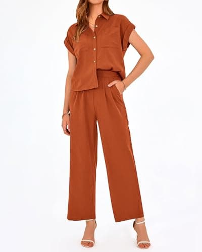 PRETTYGARDEN Womens 2 Piece sets Summer Cap Sleeve Tops Palazzo Pants Dressy Casual Vacation Travel Outfits Tracksuits(Brick Red,Large) - Thumbnail 3