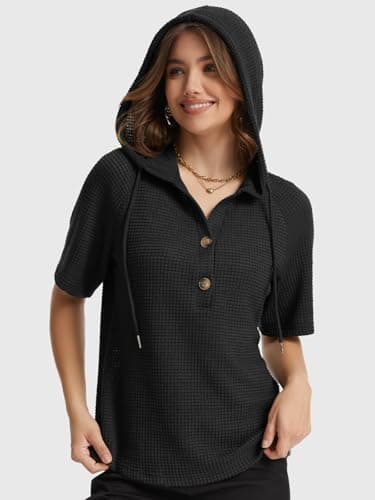 Lallabai Womens Summer Tops Waffle Short Sleeve Loose Sweaters Lightweight Drawstring Hoodies Button V Neck Casual Blouses Black - Thumbnail 5