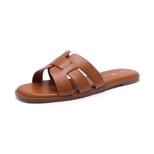 Athlefit Brown Sandals Women Dressy Summer Flat Sandals Square Open Toe Slip On Leather Slide Sandals Size 10 - Image 1