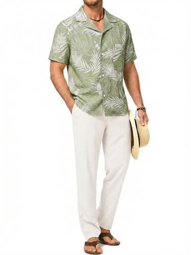 JMIERR Men 2 Piece Outfit Tropical Floral Shirt Short Sleeve Hawaiian Beach Button Down Shirt Casual Loose Pant Sets - Image 1