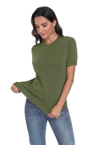 Lepunuo Women's Wool Blend Sweaters Summer Lightweight Short Sleeve Tops Business Casual Knit Blouses 2026 Grass Green - Thumbnail 4