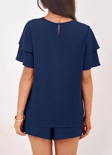 KIRUNDO Two Piece Sets For Women Summer Casual Loose Ruffle Short Sleeve Matching Shorts Sets Beach Vacation Cruise Outfits(Navy, Large) - Thumbnail 2