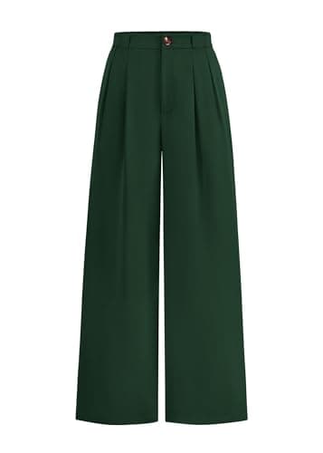 KIRUNDO Wide Leg Dress Pants for Women High Waisted Office Work Trousers Business Casual Slacks Button Flowy Palazzo Pant(Dark Green, Small) - Image 1
