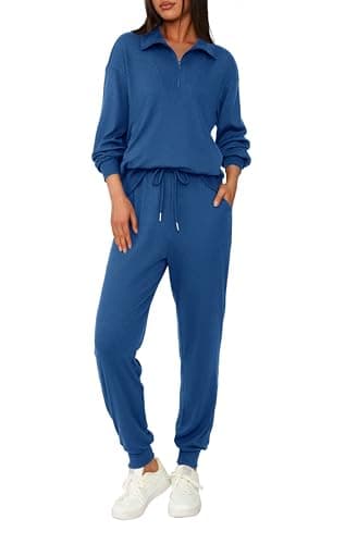BTFBM Women's 2 Piece Tracksuit Spring Outfits 2026 Long Sleeve Half Zip Sweatshirt Sweatpants Lounge Set Sweatsuits(Solid Dark Blue,X-Large) - Image 1