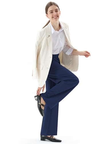 JOYCATCH Womens Wide Straight Leg Work Pants Casual Slacks Business Office Trousers Button Dress Pants Navy - Thumbnail 5