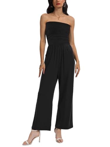 STOLKISS Women Strapless Jumpsuit Tube Top Backless Casual Jumpsuits Off Shoulder Wide Leg Long Pants Rompers with Pockets - Image 1