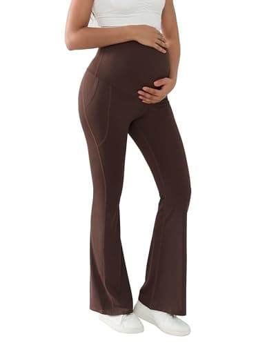 BRATUC Maternity Flare Pants Buttery Soft Bootcut Pregnancy Yoga Leggings Over Belly Workout Bell Bottoms with Pockets (X-Large, Coffee Brown) - Thumbnail 5