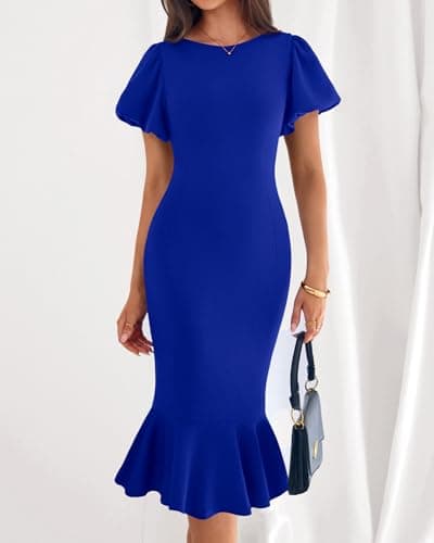 BTFBM Women Formal Wedding Guest Cocktail Dresses 2026 Short Sleeve Ruffle Mermaid Work Bodycon Elegant Midi Summer Dress(Royal Blue, XX-Large) - Thumbnail 2