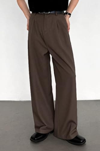 Heyfanee Wide Leg Dress Pants Men Loose Fit Pleated Slacks Baggy Stretchable Brown 28 - Thumbnail 3