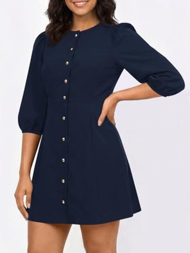 Wenrine Womens Summer Mini Dresses Casual Crewneck 3/4 Lantern Sleeve Button Down A Line Business Work Dress Navy - Thumbnail 3