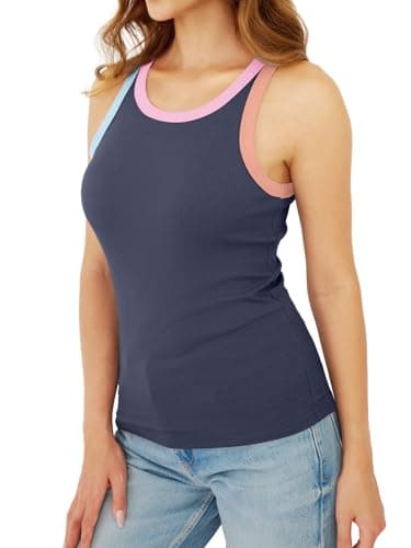 GKBK Womens Colorblock Ribbed Tank Tops Crewneck Fitted Cute Sleeveless Racerback Basic Casual Summer Cami Shirts Navy - Thumbnail 5